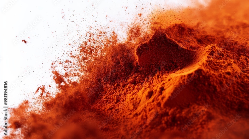 Poster close-up of vibrant red paprika powder floating in the air, creating a dramatic and dynamic effect w