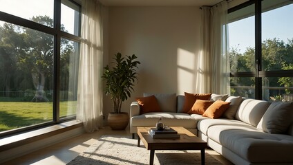 Bright, modern living room with sunlight streaming through the window.