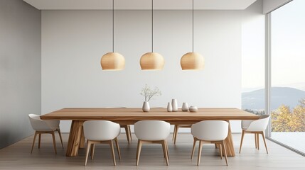 Modern dining room featuring a wooden table, elegant chairs, and stylish pendant lights, perfect for contemporary interiors.