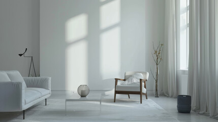 Fototapeta premium A serene modern living room featuring minimalist Scandinavian design elements. space is adorned with soft natural light, highlighting white sofa, wooden chair, and elegant decor