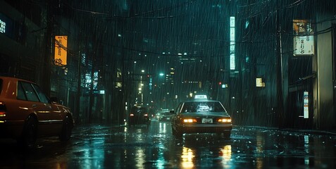 A rainy urban street scene at night with illuminated signs and cars reflecting on wet pavement.