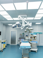 Modern surgical room with advanced tools. A sterile surgical room equipped with advanced medical...
