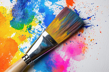Obraz premium Paintbrush spreading vibrant splashes of color across white canvas 