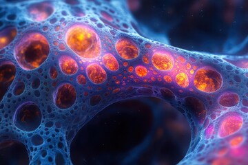 surreal electron microscope image of cellular structure neon colors highlighting intricate patterns abstract scientific beauty