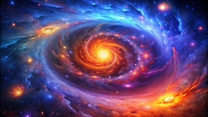 Cosmic spectacle spiral galaxy in vibrant colors a mesmerizing view of the universe with swirling formation in the void of space featuring brilliant hues of orange blue and purple.
