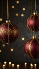Burgundy and gold Christmas balls hanging with elegant lighting.