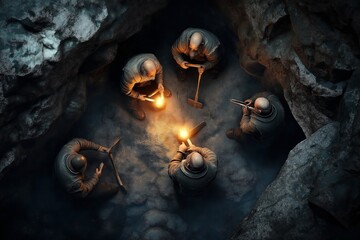 A group of dwarves huddled in a dimly lit cave, working with tools around a glowing light source, possibly engaged in mining or craftsmanship.