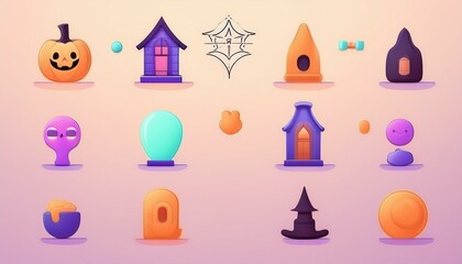 Spooky Outline Icons collection of Halloween icons drawn in a thin, spooky outline style, including a haunted house, skull, spider web, coffin, crossbones, and full moon. icon set halloween
