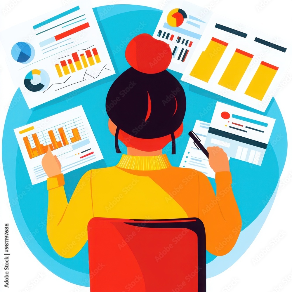 Poster a person analyzes charts and data reports at a desk, focusing on statistics and presentations in a v
