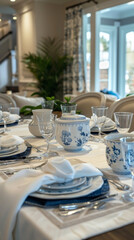 Obraz premium A beautifully set dining table in natural light, featuring elegant dishware, glassware, and decorative elements that create warm and inviting atmosphere