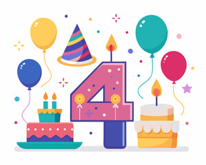 4th Birthday Vector With Cake, Balloons And Confetti
