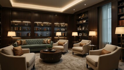 Business lounge with a grand bookshelf, plush armchairs, and ambient lamps.