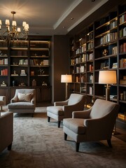 Business lounge with a grand bookshelf, plush armchairs, and ambient lamps.
