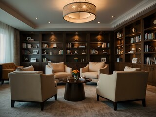 Business lounge with a grand bookshelf, plush armchairs, and ambient lamps.