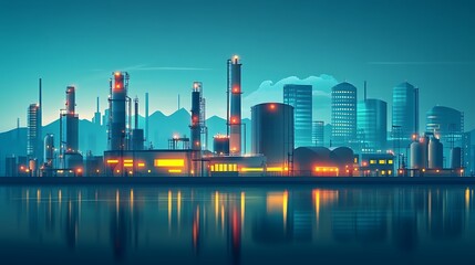 A vibrant industrial skyline at dusk, featuring illuminated factories and skyscrapers reflecting on water.