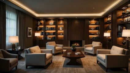 Business lounge with a grand bookshelf, plush armchairs, and ambient lamps.