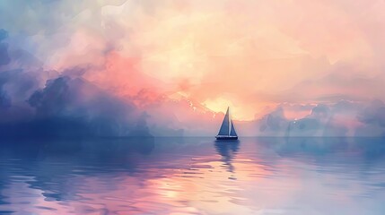 Fototapeta premium A digital watercolor portrayal of a sailboat gliding across a calm sea, its silhouette blending into the soft pastel colors of the sky at sunset