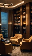 Business lounge with a grand bookshelf, plush armchairs, and ambient lighting for relaxation.