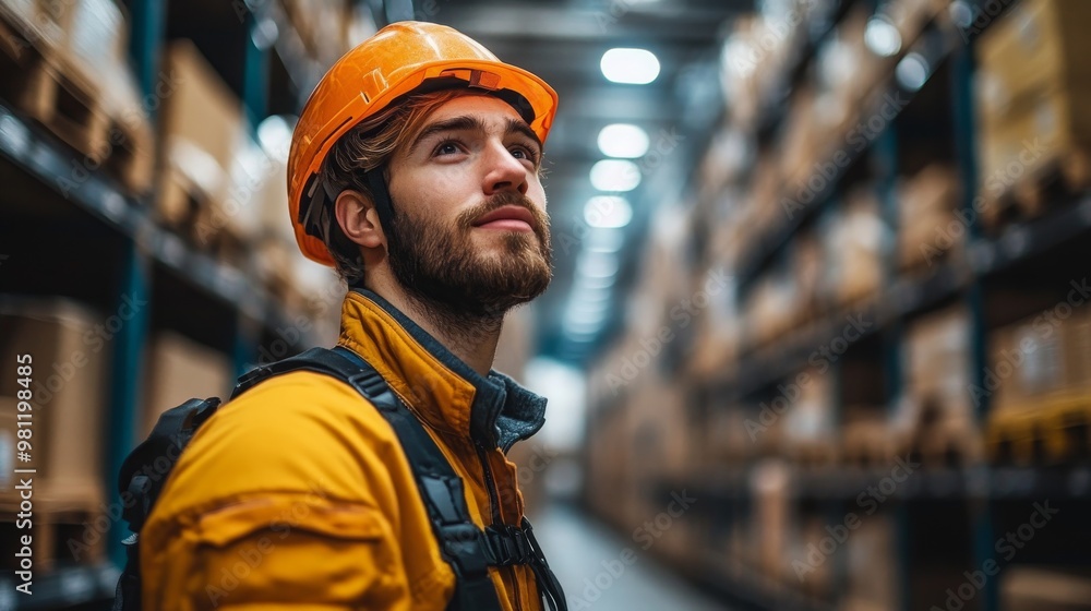 Aufkleber enhancing worker efficiency with exoskeleton technology in a busy warehouse setting