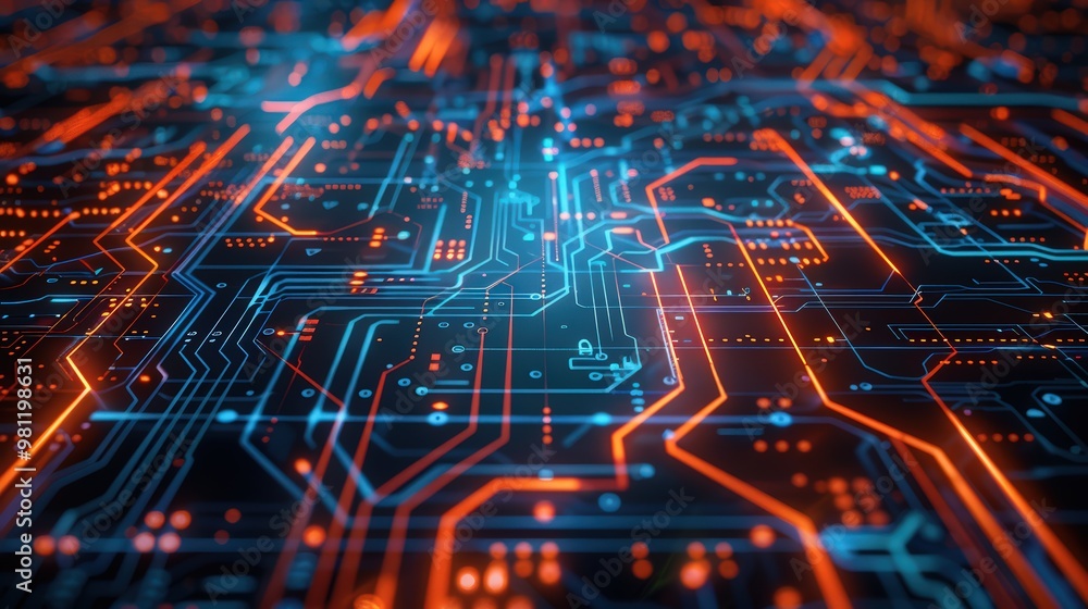 Poster abstract digital circuit board with nodes and connections, representing technological strategy and i