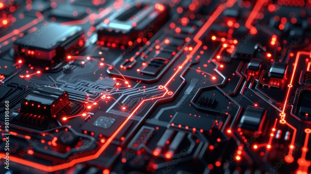 Poster abstract digital circuit board with nodes and connections, representing technological strategy and i