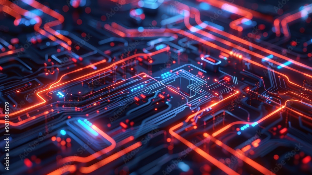 Poster abstract digital circuit board with nodes and connections, representing technological strategy and i