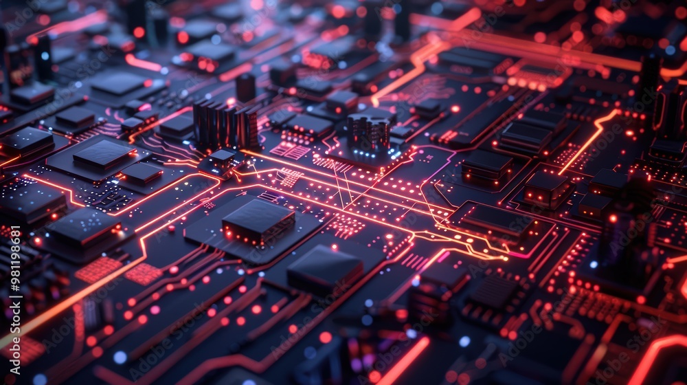 Poster abstract digital circuit board with nodes and connections, representing technological strategy and i