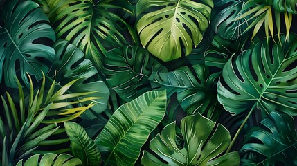A close-up view of vibrant, lush green foliage with layers of large tropical leaves and plants. The rich textures and colors of the overlapping greenery create a fresh, natural backdrop