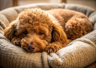 Adorable brown poodle curled up and sleeping peacefully in a plush, soft dog bed with a subtle texture and warm, comforting lighting.
