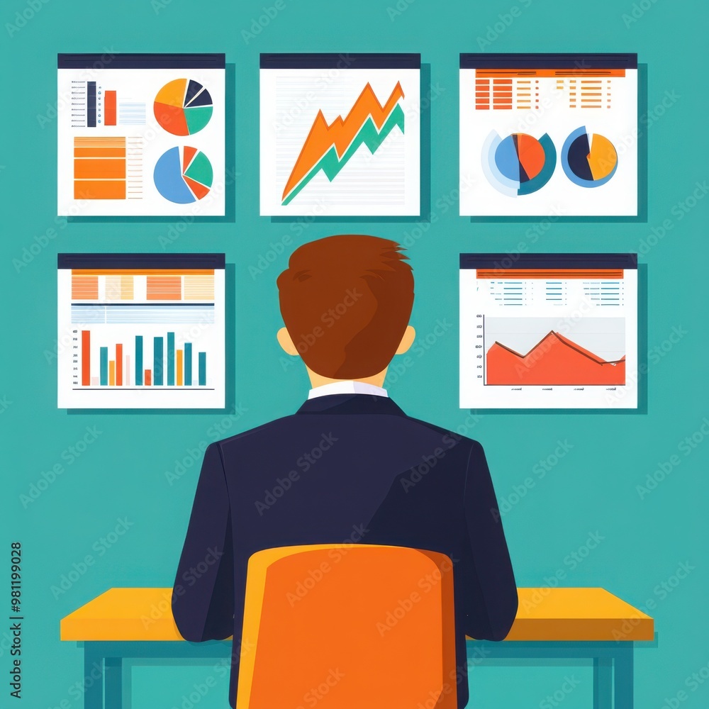 Poster a professional viewing analytical charts and graphs on a wall, depicting data trends and statistics,
