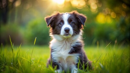 Adorable border collie puppy with fluffy black and white fur, sitting alone on a green grassy field, looking up with curious brown eyes.