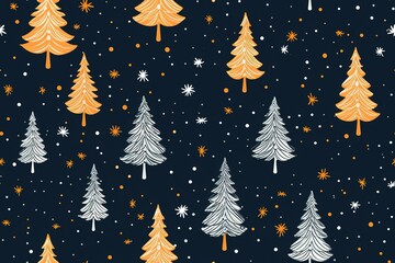 Christmas tree pattern, seamless background for wrapping paper, hand drawn spruces and snowflakes on red.