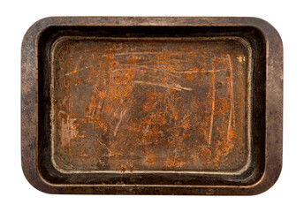 Rusty baking tray on white background. Isolate metal baking dish