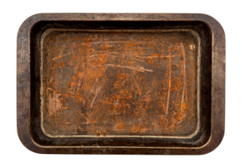 Rusty baking tray on white background. Isolate metal baking dish