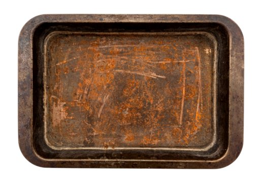 Rusty baking tray on white background. Isolate metal baking dish