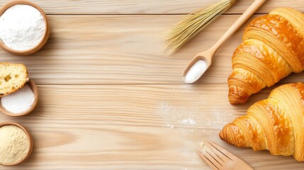 A close-up of a freshly baked croissant with golden flaky layers, surrounded by baking tools and ingredients on a rustic wooden table