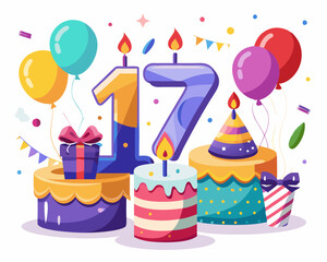 17th Birthday Vector With Cake, Balloons And Confetti