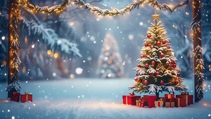 Obraz premium A snowy Christmas tree adorned with lights and surrounded by colorful presents, creating a festive winter scene, Generative AI.