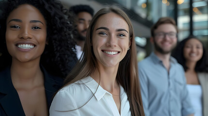 Diverse interracial business team, people diverse group looking at camera. Happy smiling multi-ethnic office worker startup crew photo. Good job, success project, and businesspeople 