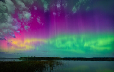 Colourful Northern Lights (Aurora Borealis) lighting up the sky on a beautiful warm summer night near Ottawa, Canada Sept 16, 2024