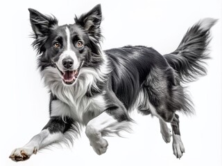 Fototapeta premium Black and white border collie jumping, isolated on white, transparent background, PNG. Portret of purebred dog, australian shepherd, pet.