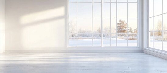 Fototapeta premium Concept of a bright Scandinavian interior featuring a spacious wall and a white landscape view through the window Nordic home design 3D rendering