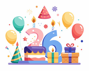 26th Birthday Vector With Cake, Balloons And Confetti