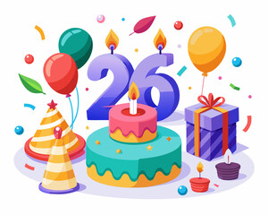 26th Birthday Vector With Cake, Balloons And Confetti
