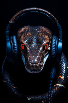 Snake with headphones. Snake listening to music