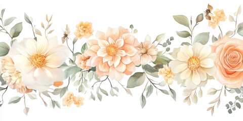 This enchanting watercolor wedding bouquet showcases a beautiful blend of soft hues, including delicate peach and cream flowers, making it an ideal choice for an elegant boho autumn theme celebration