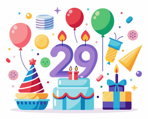 29th Birthday Vector With Cake, Balloons And Confetti