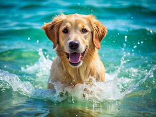 Splashing golden retriever puppy having fun in clear turquoise water, droplets on fur, tongue out, eyes shining with joy, surrounded by gentle ripples.