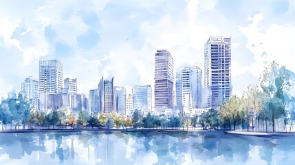 Obraz premium Impressive Cityscape with Towering Skyscrapers Reflected in Tranquil Lake