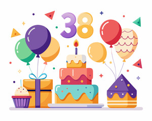 38th Birthday Vector With Cake, Balloons And Confetti